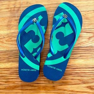 Tory Burch navy and green flip flops